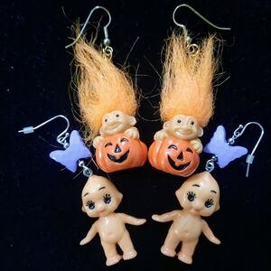 Russ Pumpkin Troll Earrings + Hot Topic Kewpie Doll Earrings